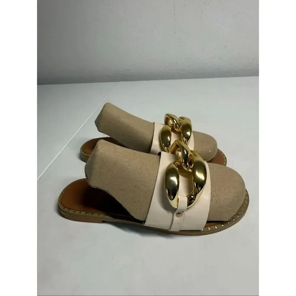 Women's Faux Leather Flat Slippers Metallic Plastic Chains Sandals Sz 38EU/8US